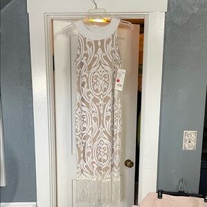 Joseph Ribkoff Beige and White Sleeveless Maxi Dress with Fringe